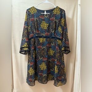 Zara Trafaluc Floral Velvet Trim Midi Dress Size Large Warm Neutral Colours